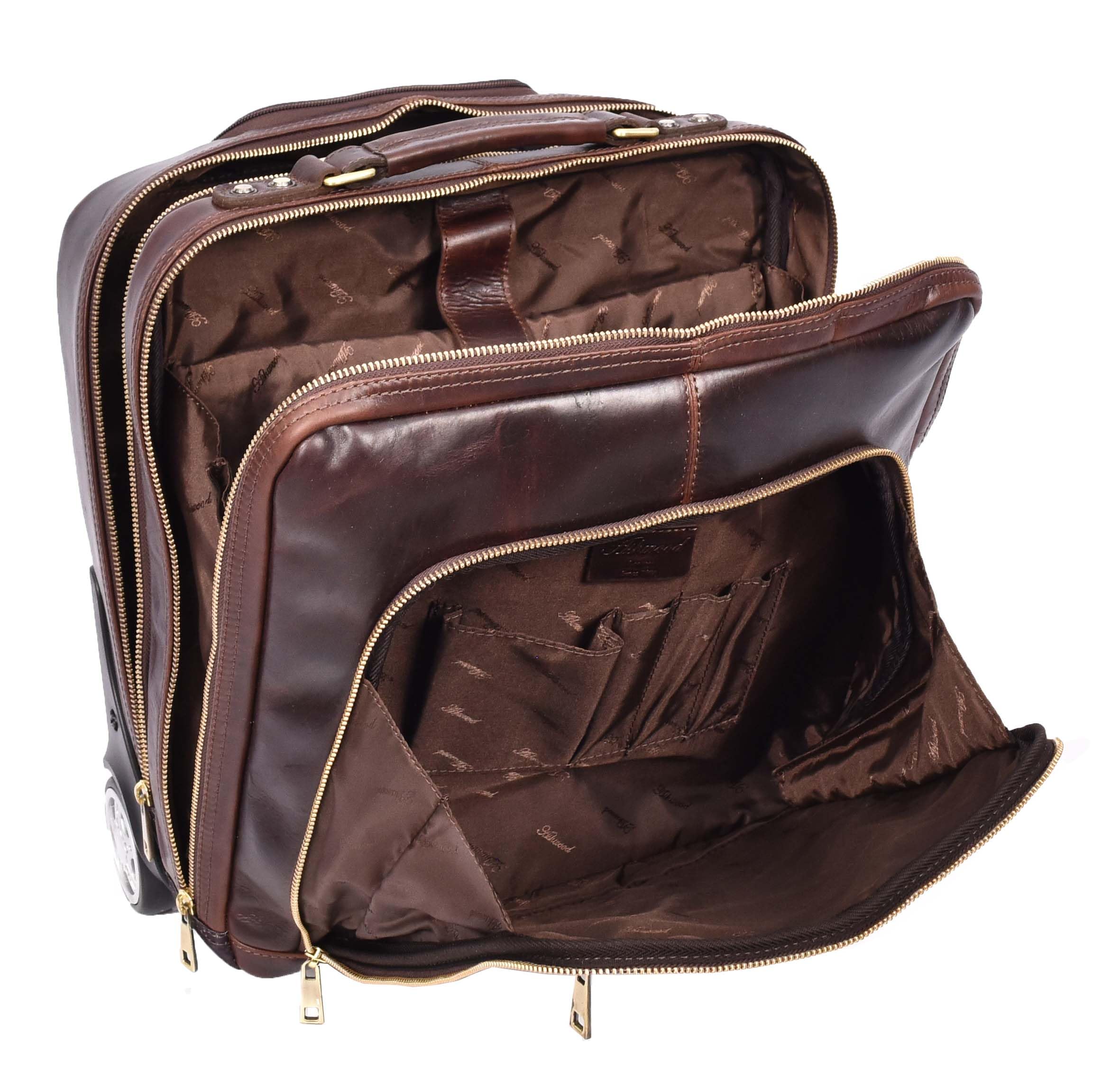 Pilotentasche aus echtem Leder mit Rollen Teleskopgriff für Business Reisetasche Sussex, braun, M, Pilotenkoffer