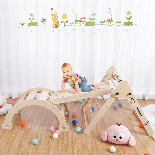 Miniatura 7 de Bophy Juego de gimnasio interior para niños pequeños, juguetes de escalada de madera 3 en 1, triángulo plegable para escalada y deslizamiento para