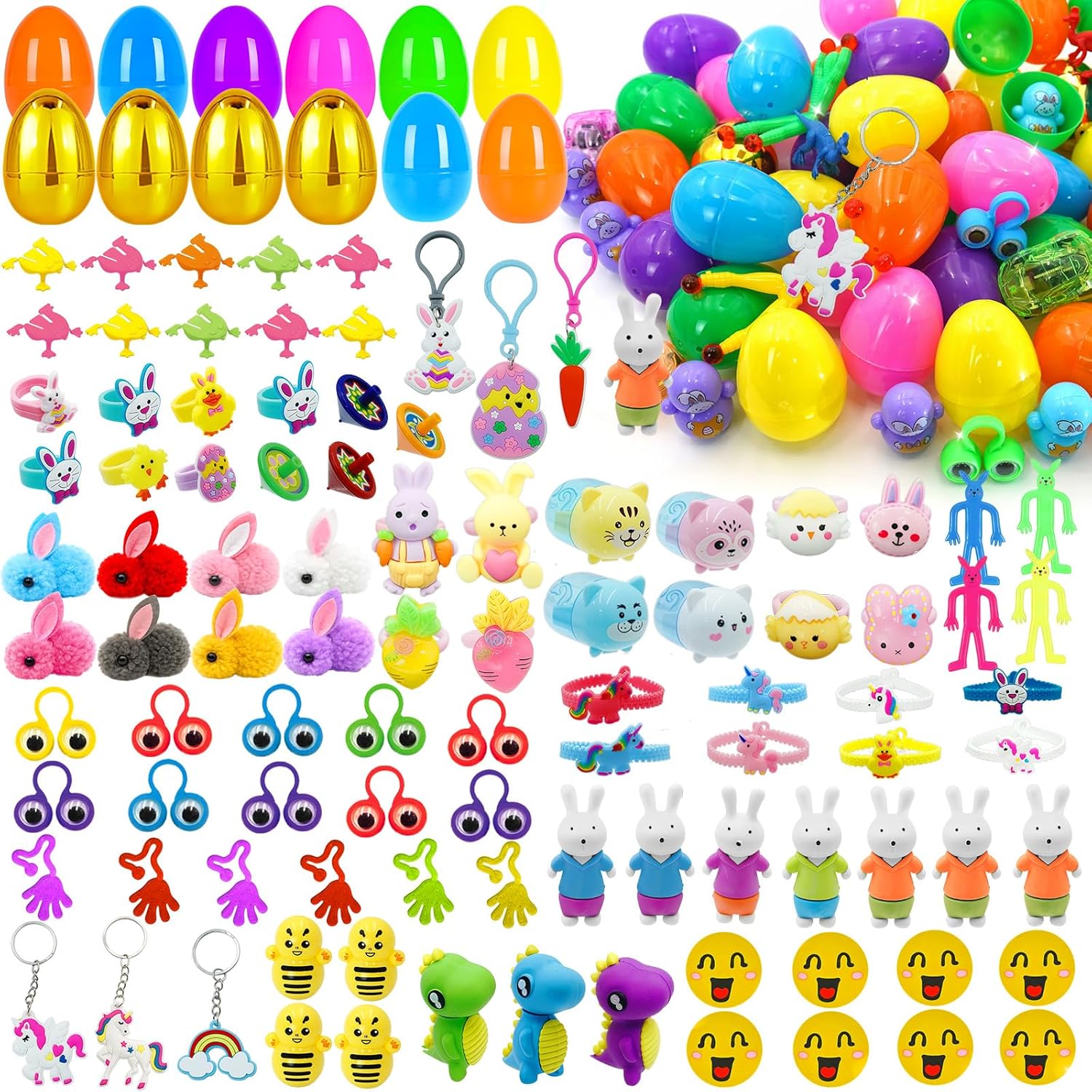 100 Pack Prefilled Easter Eggs with Assorted Toys Inside Surprise Golden Eggs, Easter Egg Hunt Supplies and Basket Stuffers, Bulk Easter Party Favors Gifts for Kids Boys Girls Toddlers