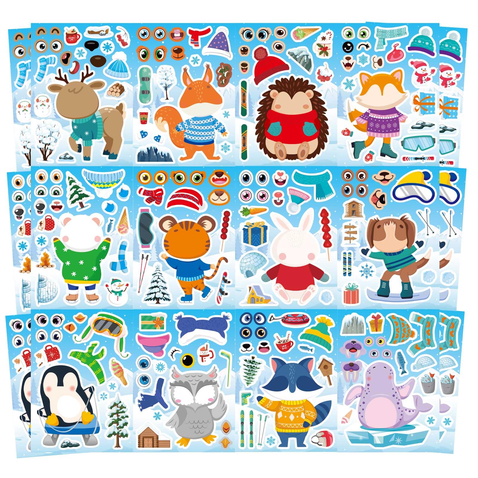 24 PCS Winter Stickers for Kids, Make-a-Face Sticker, Christmas Craft Decor