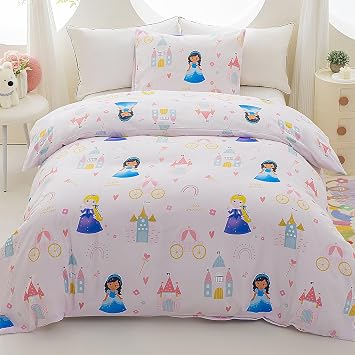 Pink Princess Twin Duvet Cover Set, 2-Piece Soft Reversible Comforter Cover for Girls with Pillowcase, Hidden Zipper Closure Comforter Not Included