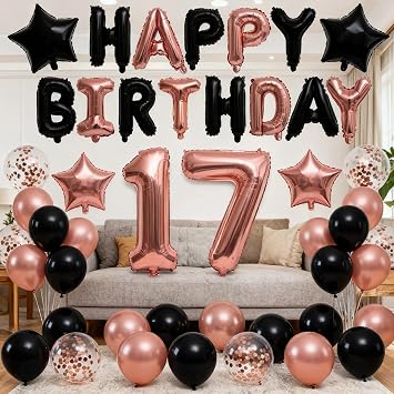 17th Birthday Decorations for Girls, Black Rose Gold 17th Birthday Banner Number 17 Star Foil Birthday Balloons 17th Birthday Latex Confetti Balloon for Her Girls 17 Years Old Birthday Party 17th