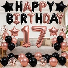 17th Birthday Decorations for Girls, Black Rose Gold 17th Birthday Banner Number 17 Star Foil Birthday Balloons 17th Birthday Latex Confetti Balloon for Her Girls 17 Years Old Birthday Party 17th