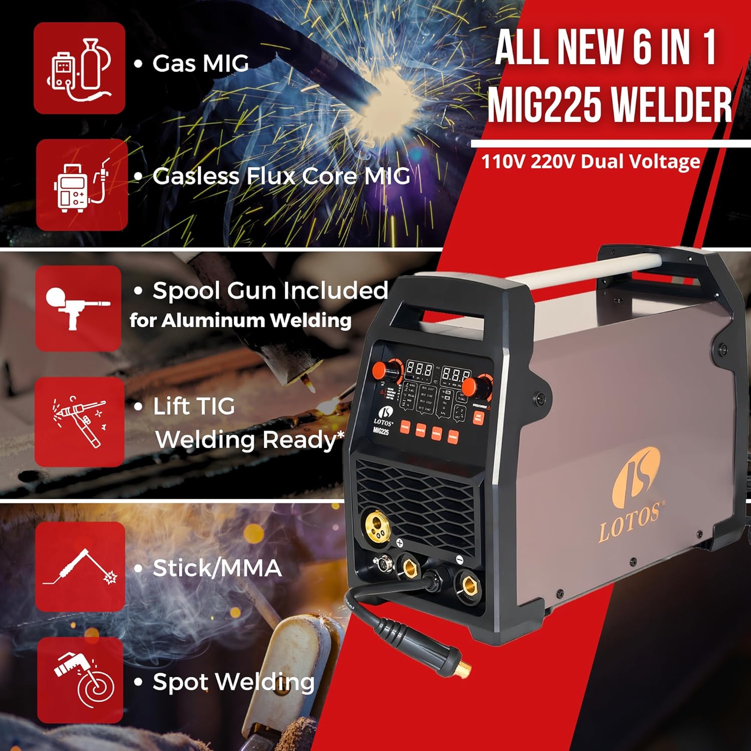 LOTOS MIG225SP MIG Welder with Aluminum Spool Gun, 225A 110/220V, 6 in 1 Gas MIG, Spool Aluminum, Gasless Flux Core, Stick, Lift TIG, Spot, Multi Process Welding Machine Auto Synergistic Setting