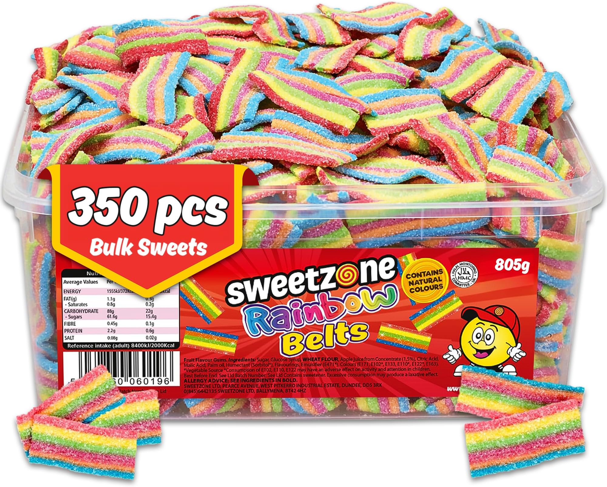 Sweetzone Sour Power Rainbow Belts 805 g, 350 Pcs Sweets Tub, Halal Sweets, Sour Sweet, Gummy Candy, Jelly Sweet, Gummies Candy, Fizzy Candies, Tubs of Candies for Retro Sweeties for Everyone