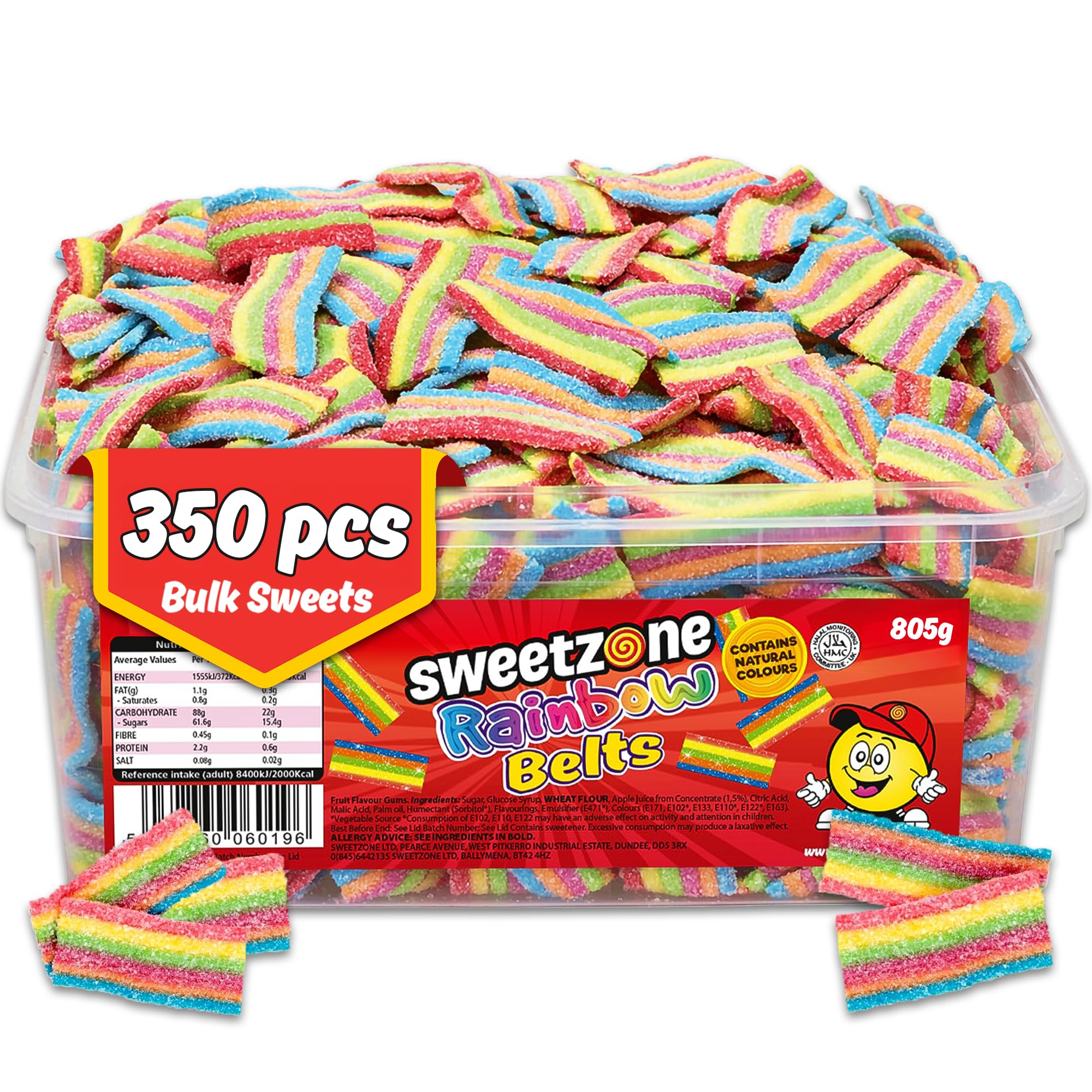 Sweetzone Sour Power Rainbow Belts 805 g, 350 Pcs Sweets Tub, Halal Sweets, Sour Sweet, Gummy Candy, Jelly Sweet, Gummies Candy, Fizzy Candies, Tubs of Candies for Retro Sweeties for Everyone