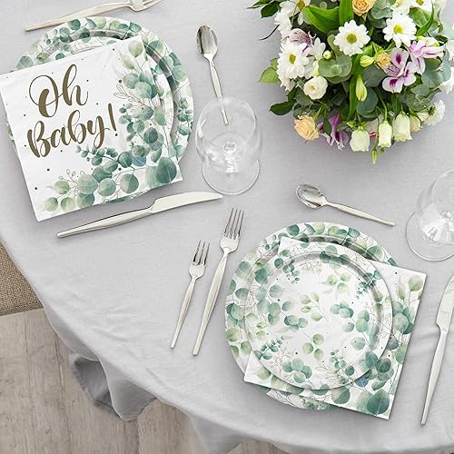 Miniatura 4 de Sage Greenery - Suministros de fiesta de baby shower, platos de papel desechables, servilletas, tazas y mantel para decoraciones de fiesta bohemia,