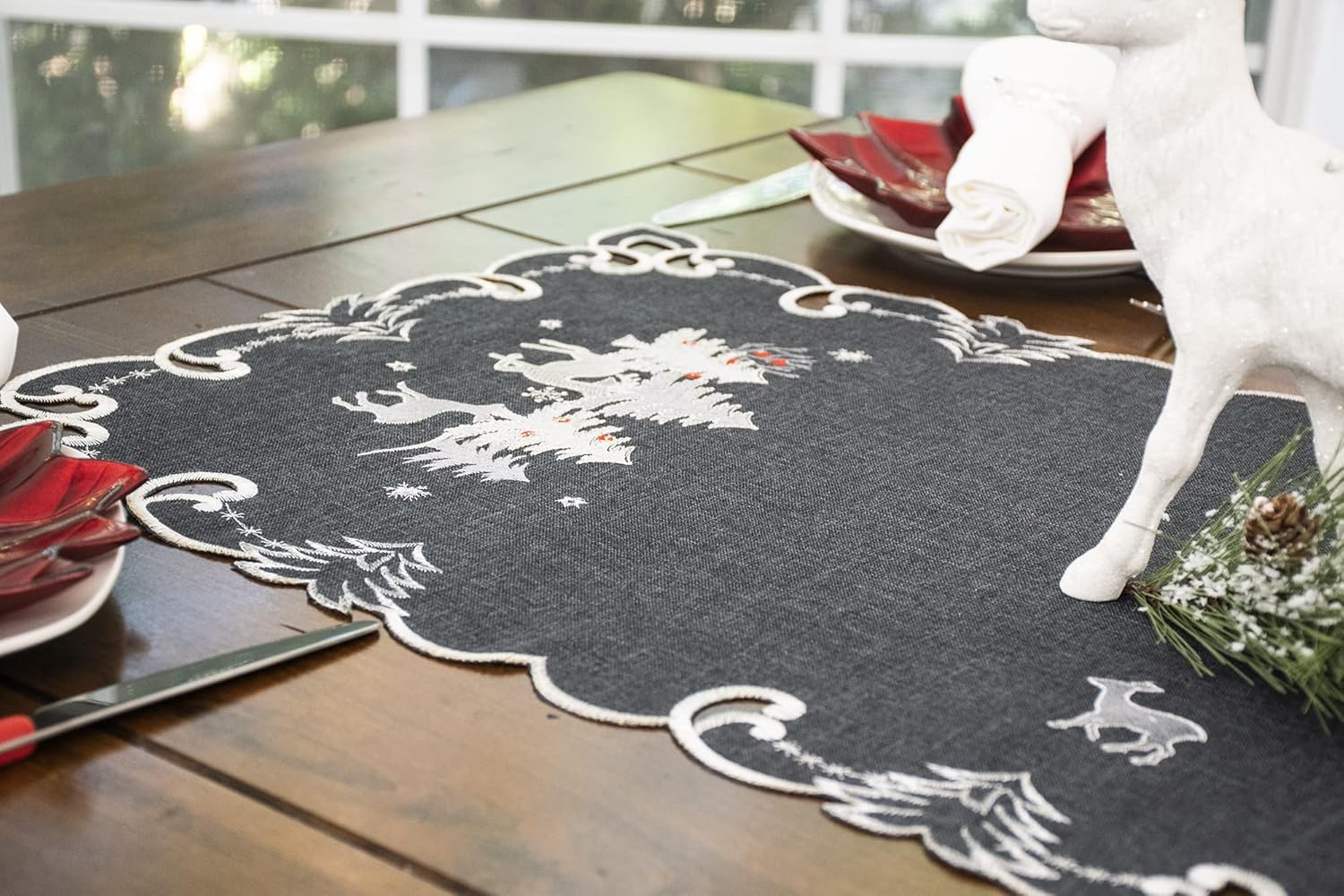 Embroidered Christmas Holiday Silver Reindeer & Christmas Scene on Dark Gray Rectangle Table Runner, Dresser Scarf (16Wx33L)