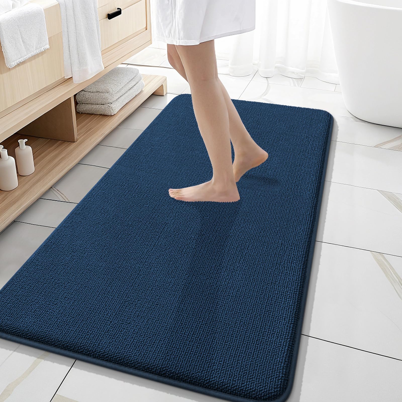 OLANLY Memory Foam Bathroom Runner Rug 47x20, Absorbent Long Bath Mat, Navy