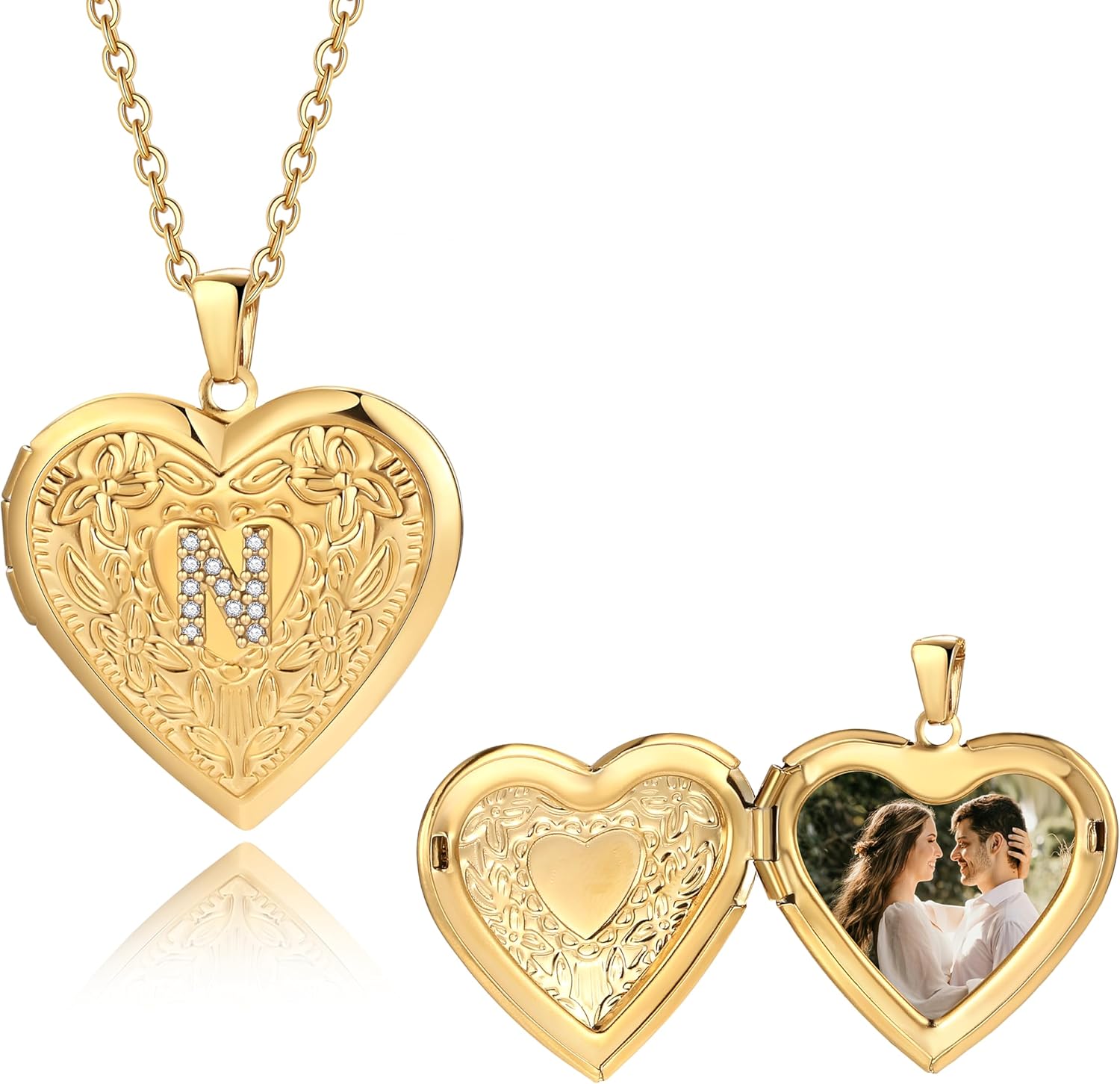 Badu Gold Initial A-Z Necklace for Women Heart Photo Lockets that Hold Picture Love Image Cubic Zirconia Necklace - Image 3