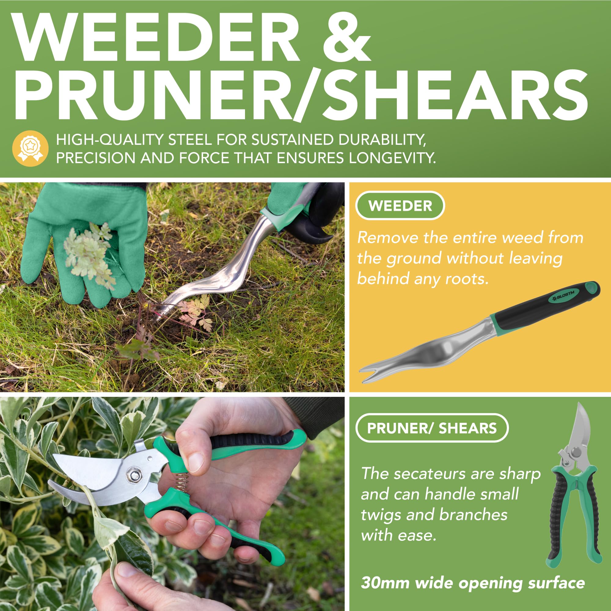 BLOSTM Juego de herramientas de jardinería de 11 piezas, kit de herramientas de jardín resistente con bolsa de mano impermeable, juego de paletas de jardín a prueba de óxido (verde/negro)
