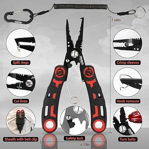 Miniatura 2 de RUNCL - Juego de herramientas de pesca de 4 piezas, alicates de pesca, cuchillo de filete de pescado con afilador, pinza de labios de pescado,