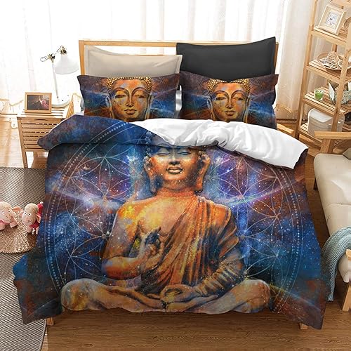 Felu - Juego de ropa de cama de 3 piezas con patrón de Buda color marrón galaxia, transpirable, ligero, transpirable, con cierre de cremallera