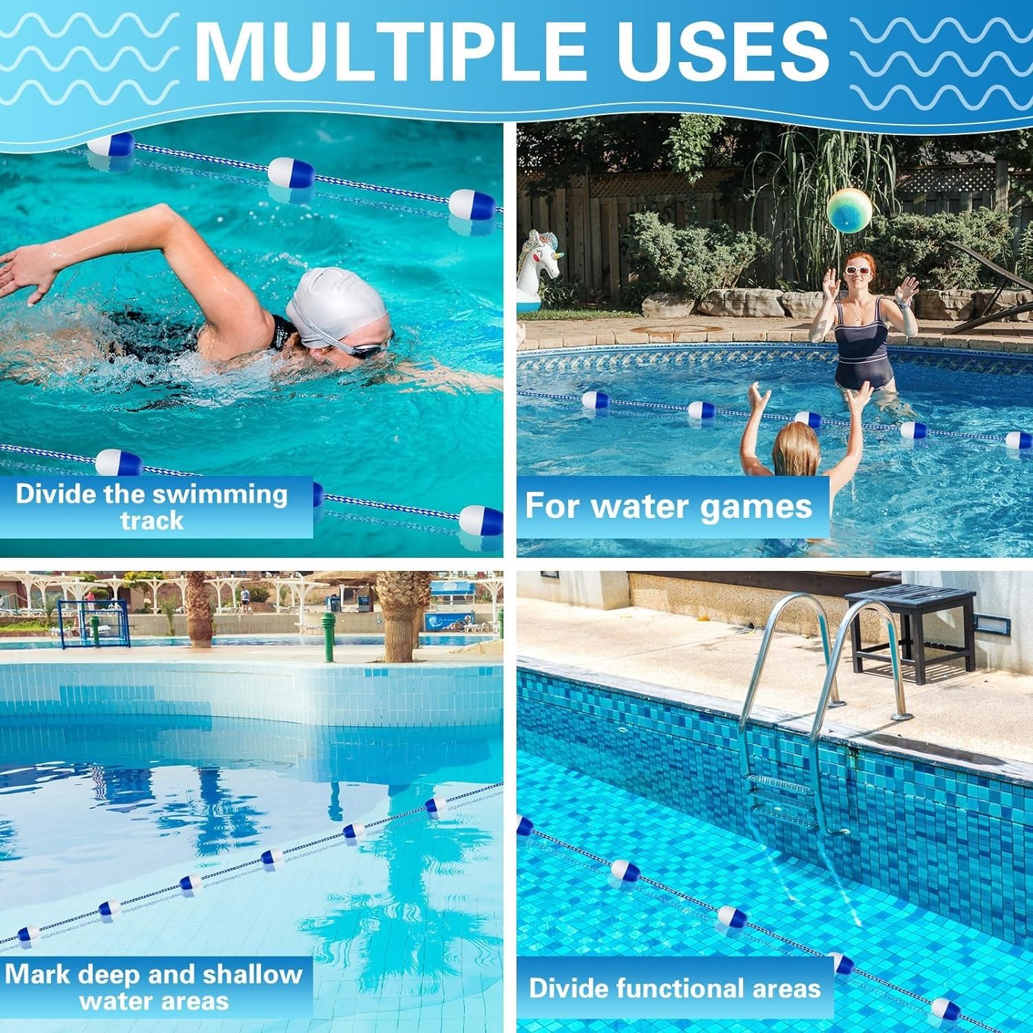 Schwimmende Pool-Sicherheitsteiler, Schwimmbahn-Linie mit zweifarbigen Bojen und Haken für Schwimmabgrenzung und Sicherheit