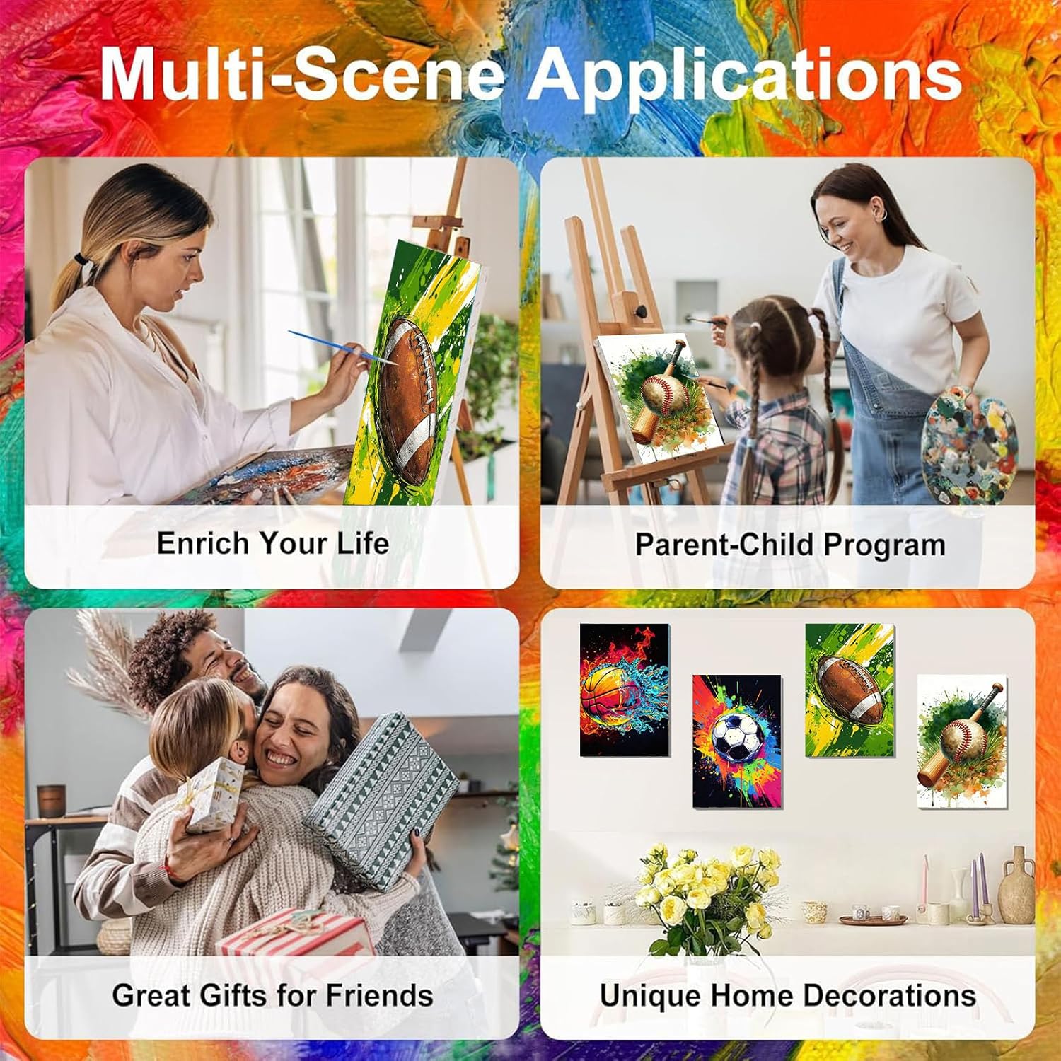 4 Pack Paint by Numbers for Beginners with Framed Canvas - with Wooden Easel, Ball Sports Paint by Number, Easy Cartoon Acrylic Oil Painting Kits on Canvas with Brushes for Home Wall Decor (8x12 inch)