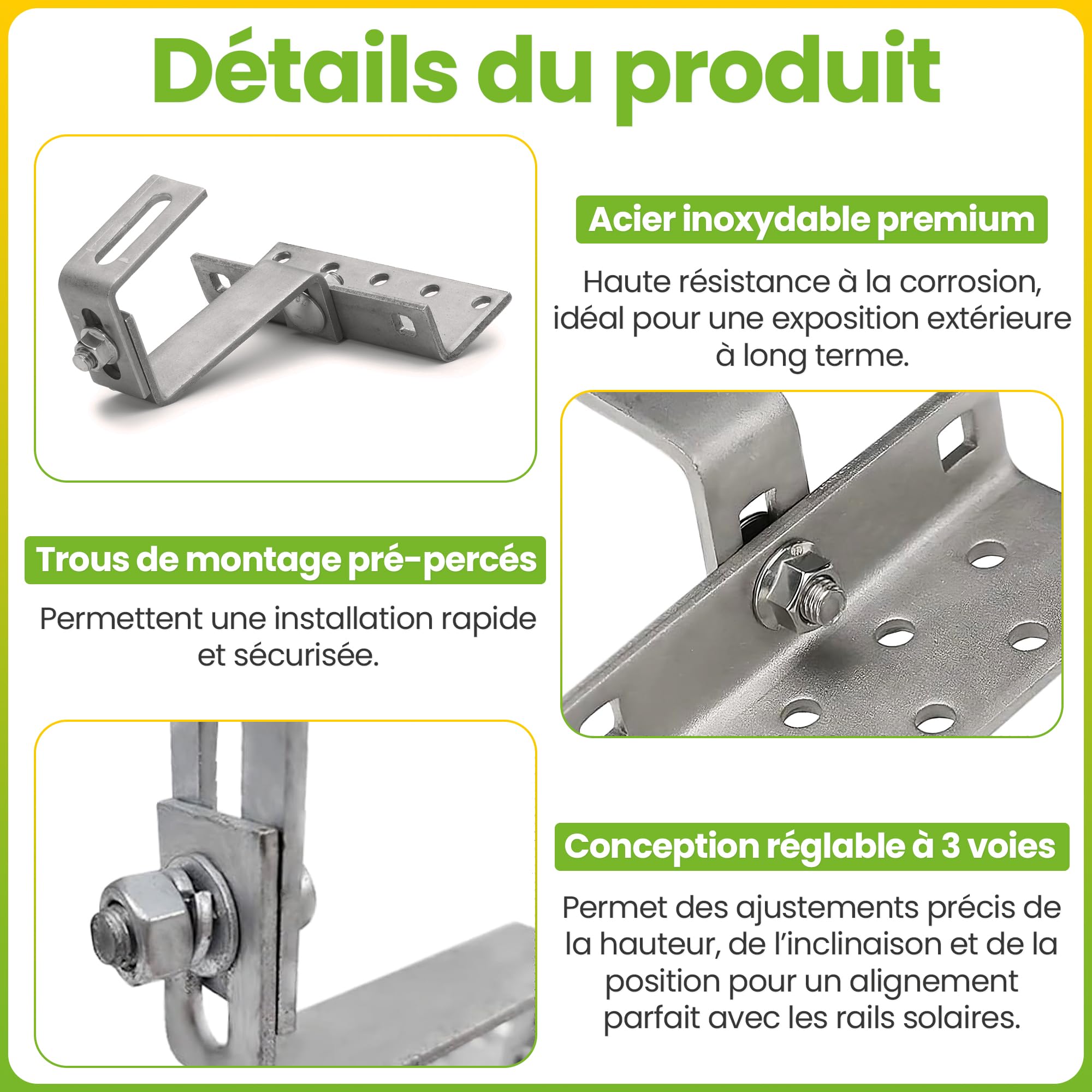 Offgridtec© Lot de 4 crochets de toit en acier inoxydable réglables sur 3 positions
