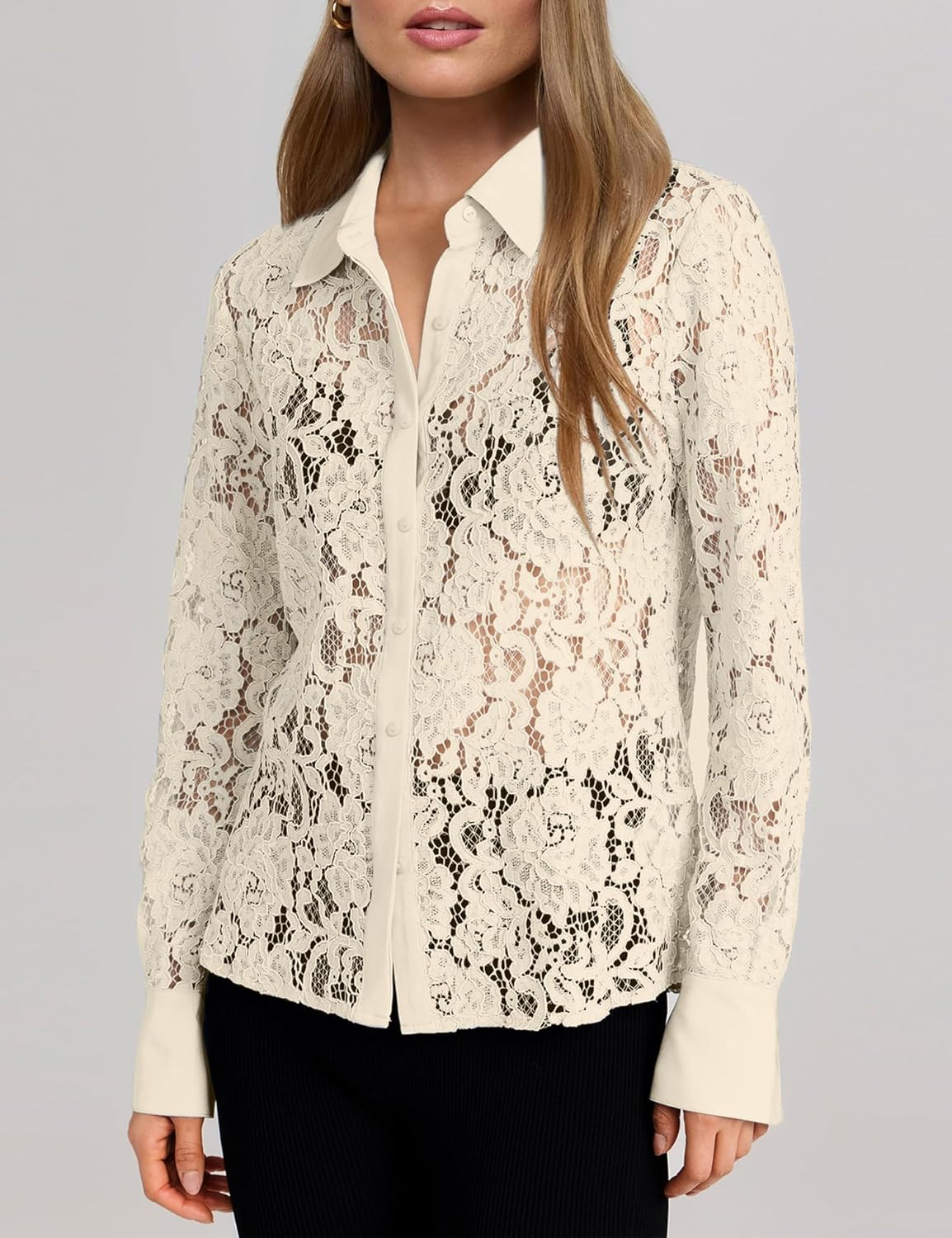 AIMCOO Lace Tops for Women Sheer Long Sleeve Blouses Dressy Casual Button Down Shirts Boho Floral Tops - Image 4