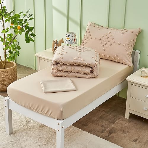 Miniatura 7 de Juego de ropa de cama bohemio de 4 piezas para niñas y niños, color beige, con pompones, juego de sábanas para cuna, juego de edredón de jacquard