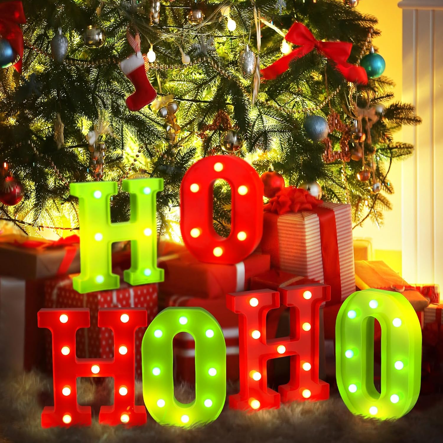 6 Pcs Lighted Christmas Ho Ho Centerpiece Decoration LED Letter Lights Sign Xmas Centerpiece Table Decor Christmas Tabletop for Bedroom Home Room Party Indoor Decor(Red,Fluorescent Green,6.3 inch) - Image 4