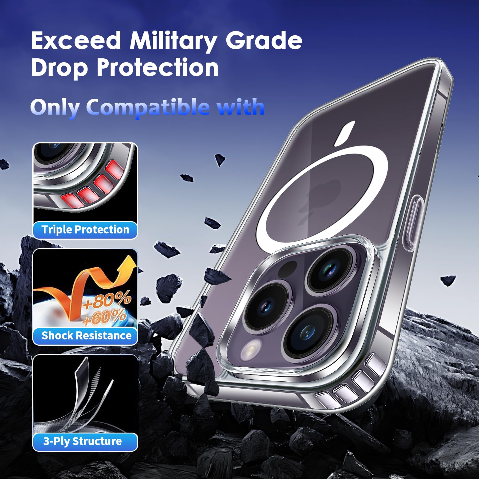 COPIKE Cover Magnetica per iPhone 14 Pro con 2 Vetro Temperato e 2 Lente Fotocamera Protezione, Custodia MagSafe Sottile Antiurto [Senza Ingiallimento] Retro Antigraffio, Trasparente