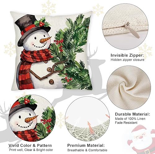 Miniatura 3 de AKIT Juego de 4 fundas de almohada rojas de Navidad de 18 x 18 pulgadas, decoración navideña de granja, muñeco de nieve, corona de Papá Noel, árbol