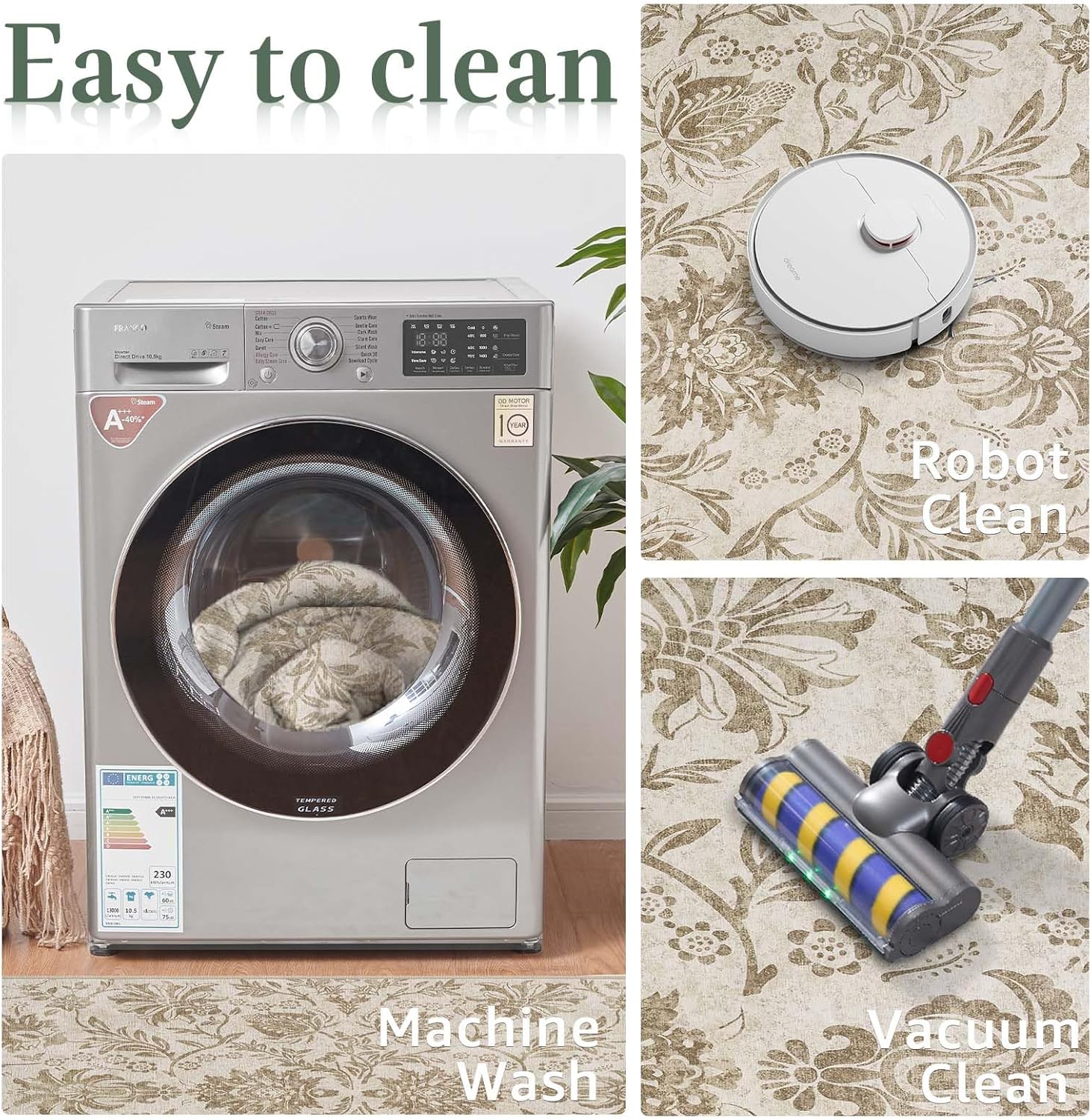 jinchan Torino Floral 5x7 Area Rugs, Vintage-Inspired Neutral Design Accent Rug, Machine Washable Ultra-Thin Low-Pile Non-Slip Traditional Carpet for Living Room Bedroom Dining Room Home Office, Taupe