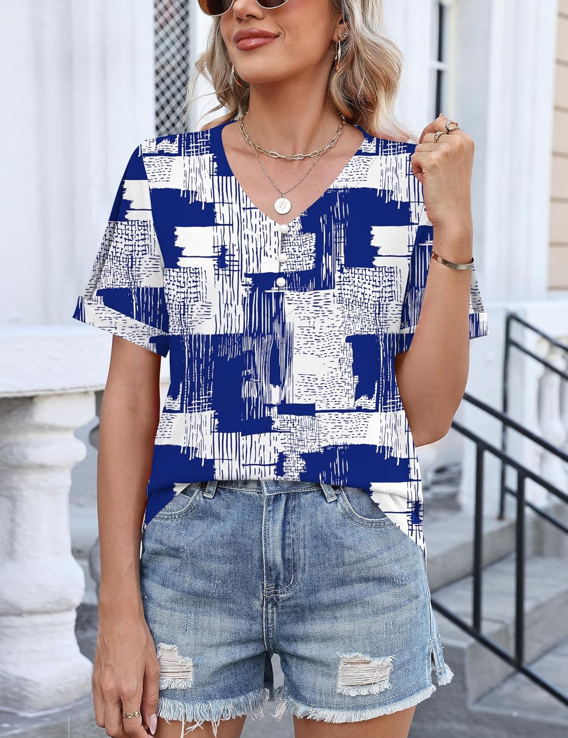 TCOT Women's Short Sleeve Tops Summer Cold Shoulder Button V Neck Shirts Dressy Casual Blouses - Image 5