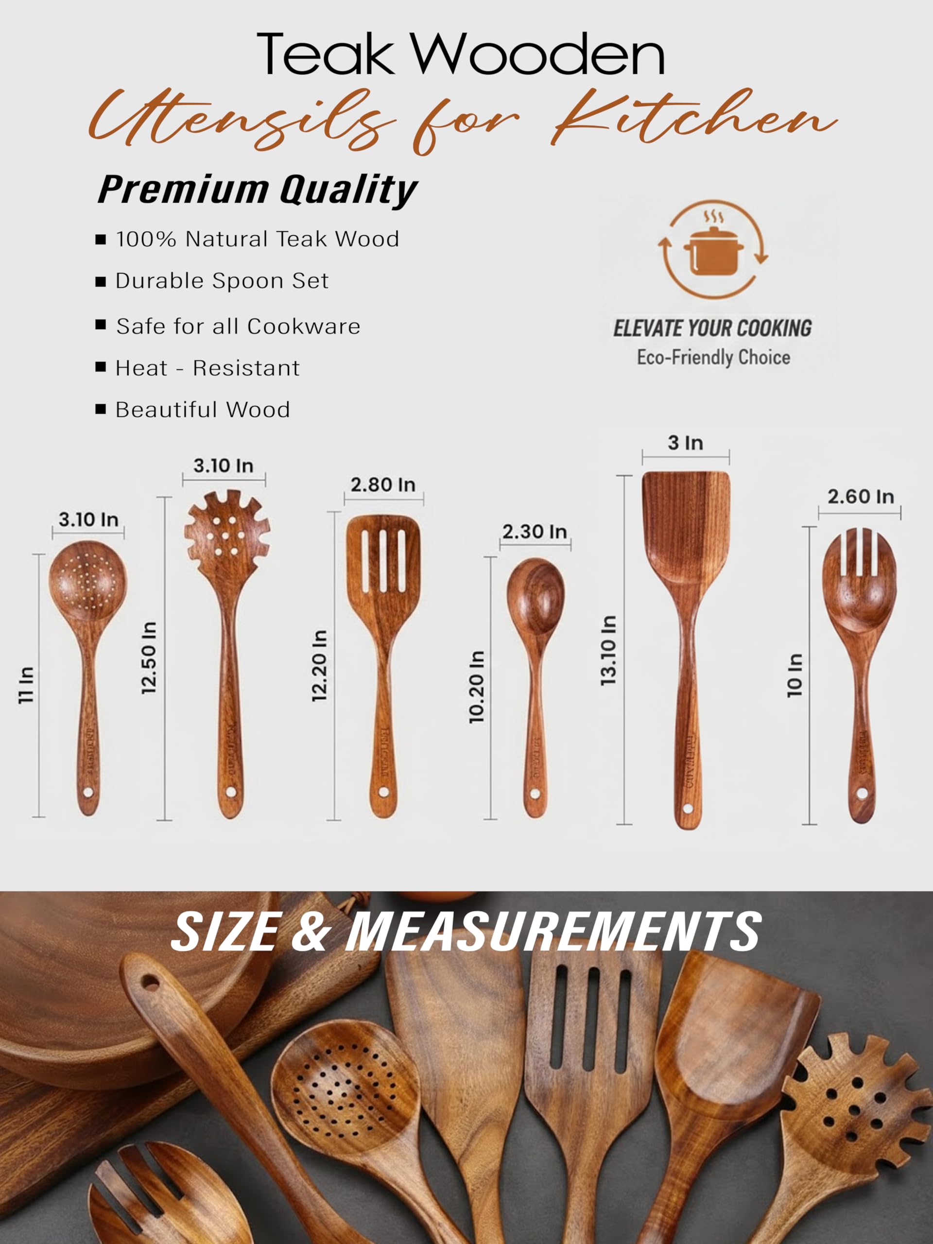 Juego de 6 cucharas de madera para utensilios de cocina, cucharas de cocina de madera de teca natural con espátula antiadherente, utensilios de cocina de bambú con soporte, juego de cucharas de madera