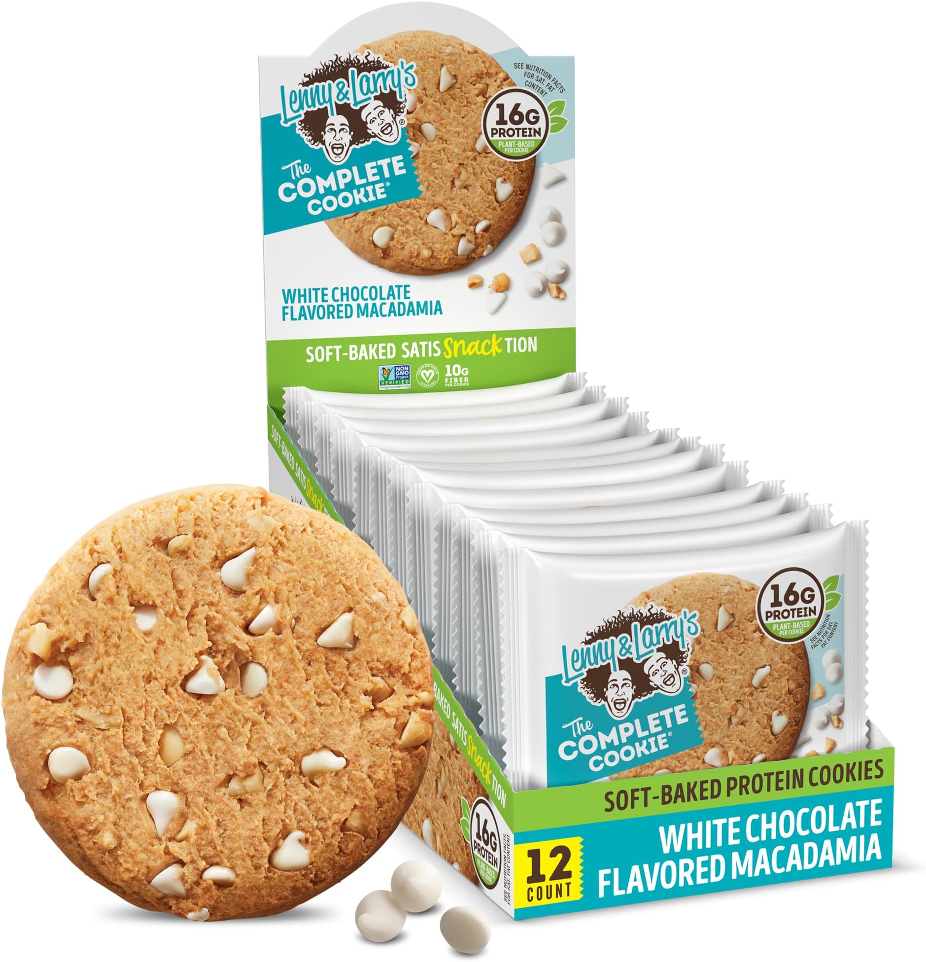 Lenny & Larry's Protein Cookie, [White Chocolate Flavored Macadamia], Chewy Soft Baked, 16g Plant Protein, Vegan, Non-GMO, High Fiber, 4 Ounce Cookie (Pack of 12)