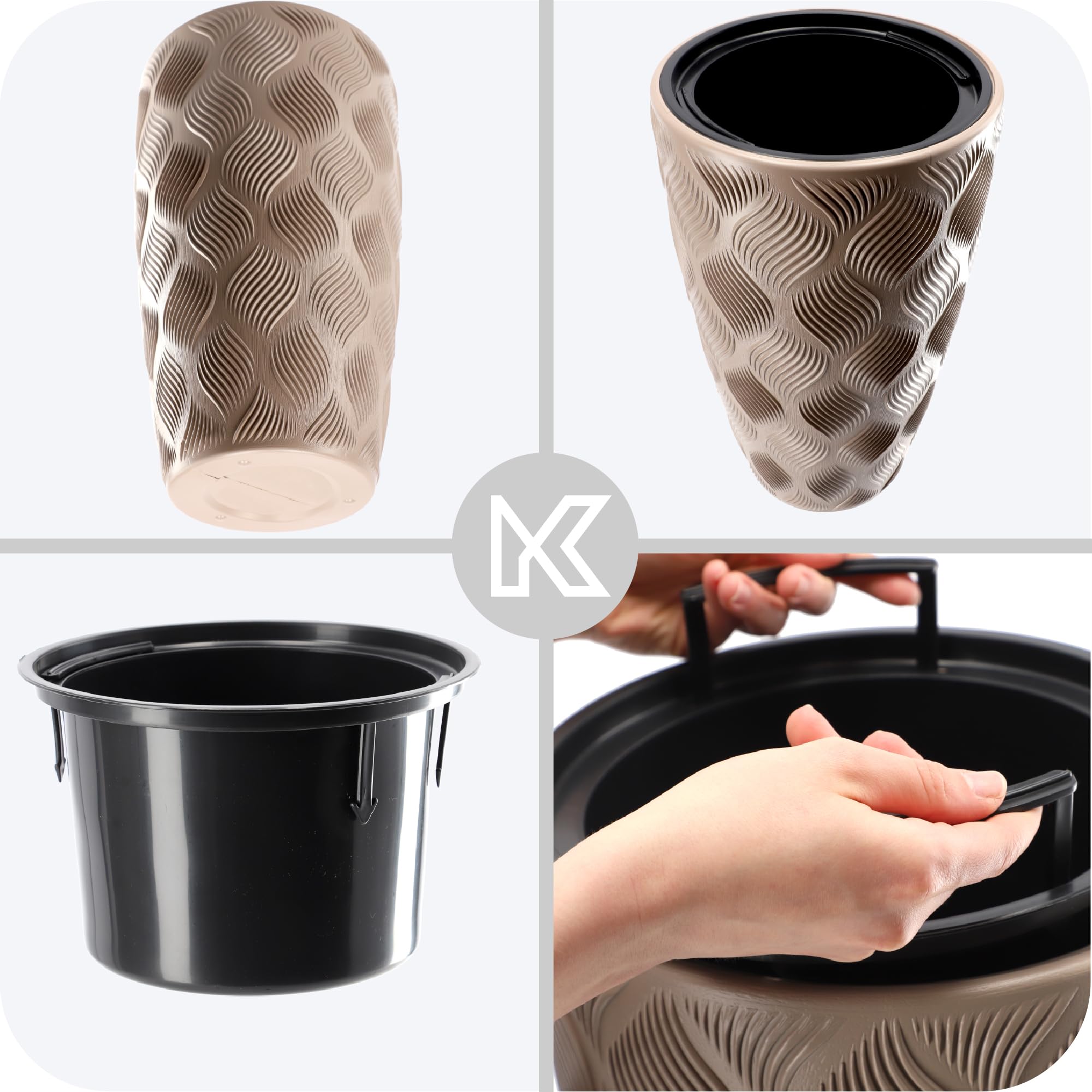 KADAX Blumentopf mit Einsatz und Griffen, Pflanzkübel aus Kunststoff in 5 Größen, UV-Resistenter Topf, Wetterbeständige Pflanzvase hoch, Topf mit 3D Effekt (Beige Höhe: 58,5 cm)