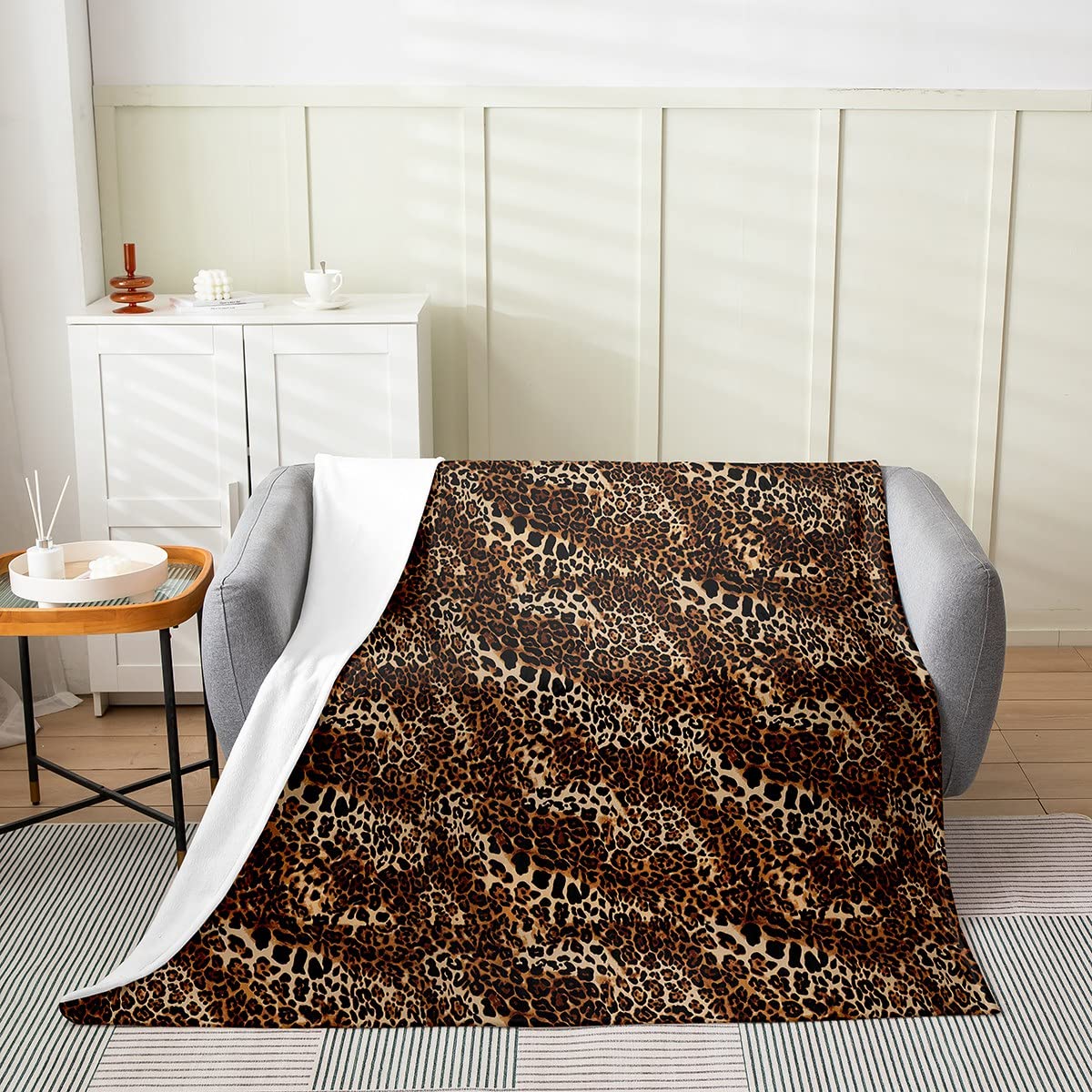Safari - Coperta in pile con motivo leopardato per tutte le stagioni, per bambini, ragazzi, ragazze, in microfibra con animali selvatici, 150 x 150 cm
