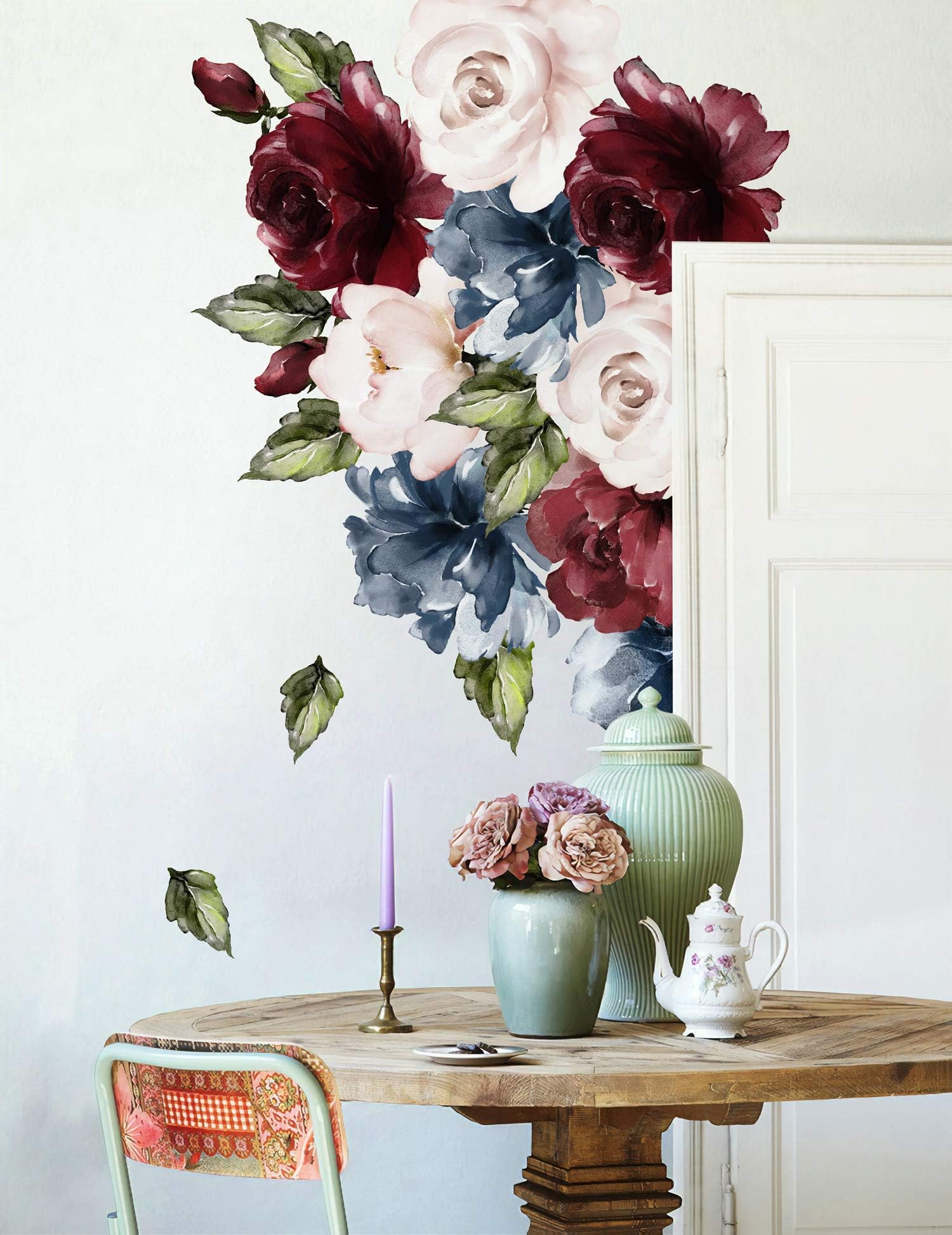 Murwall Peony Floral Wall Decal Pink Rose Wall Sticker Pink Flower Peel n Stick Colorful Florals Wall Decals for Living Room Bedroom