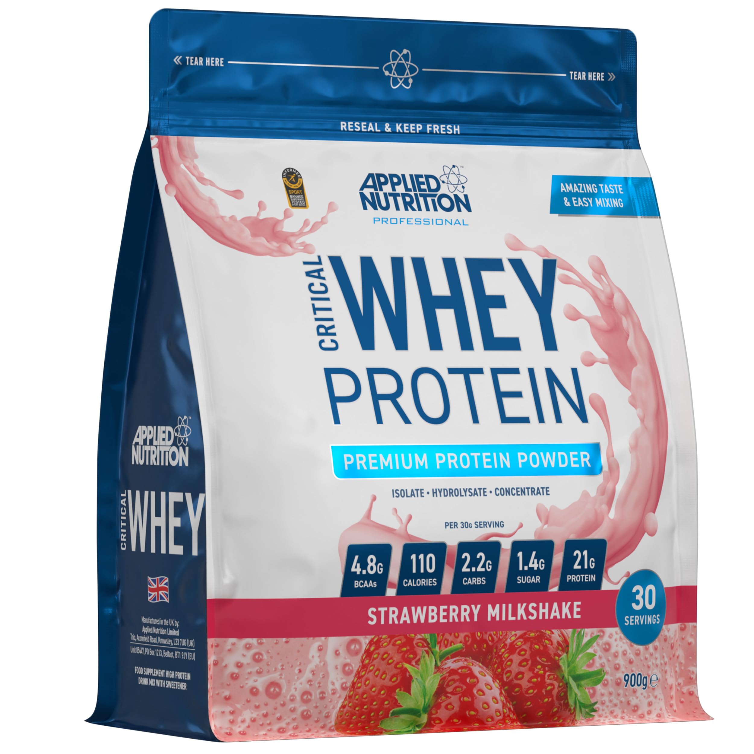 Applied Nutrition Critical Whey Blend: Strawberry Milkshake - A High-Purity, Fast-Absorbing Protein for Muscle Growth and Recovery,4g of Glutamine per serving, 900g (30 Servings)