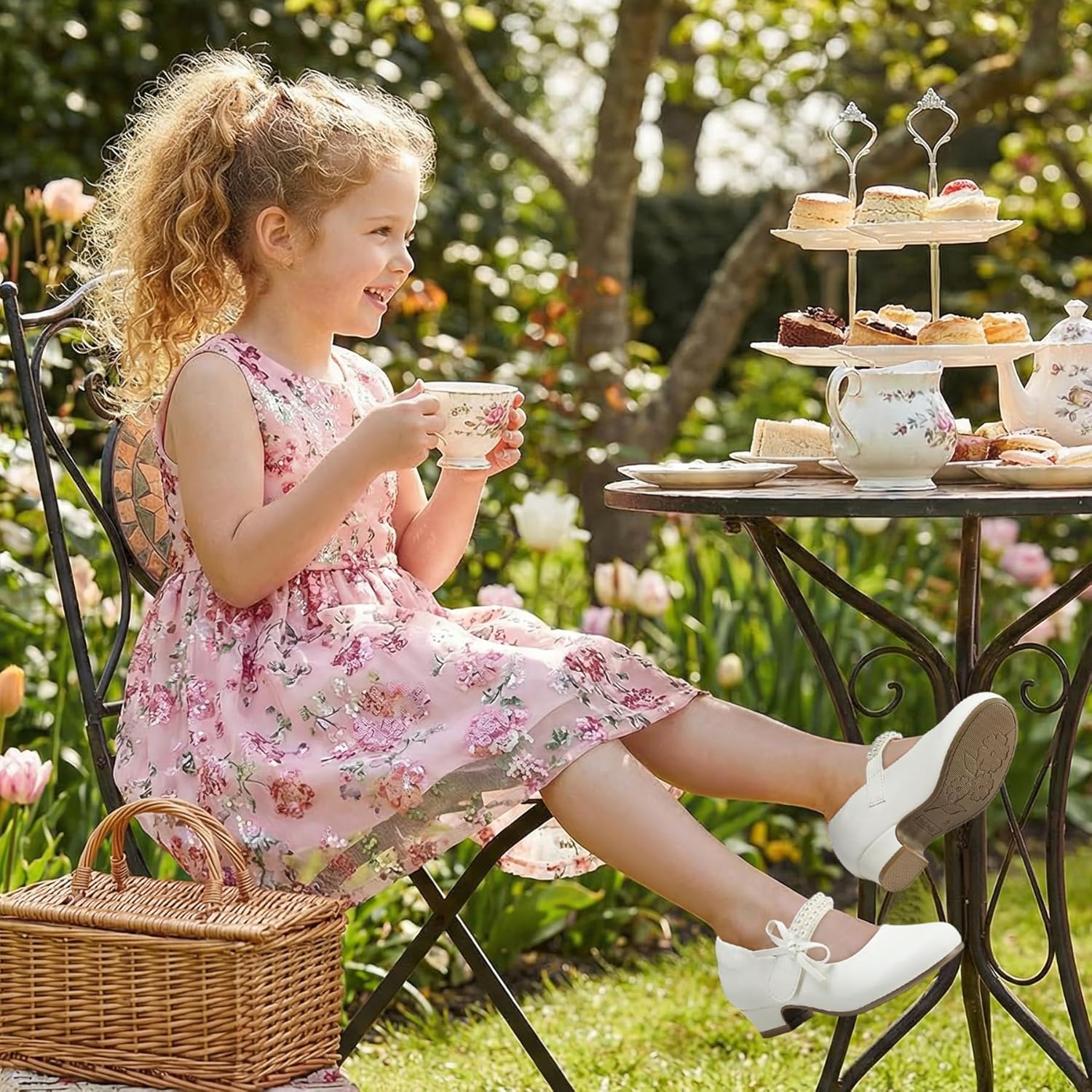 K KomForme Girls Dress Shoes Low Heels Pumps Princess Mary Jane with Pearl and Bow for Wedding Party (Toddler/Little/Big Kids) - Image 3