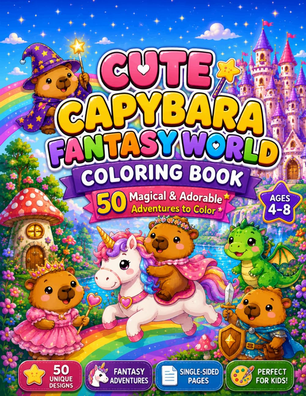Cute Capybara Fantasy World Coloring Book: 50 Magical & Adorable Adventures to Color
