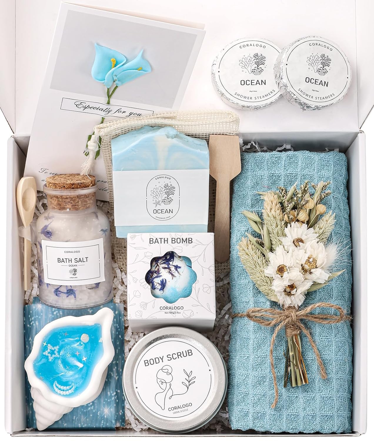 Coralogo Ocean Spa Gifts for Women - 11pc Self-care Spa Gift Basket with Scented Candle, Bath Salt, Greeting Card - Thinking of You Basket for Her Birthday, Christmas, Mother's Day, Valentine's Day