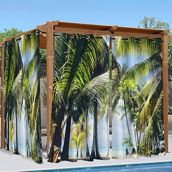 Coconut Forest Outdoor Curtains for Patio Waterproof, Tropical Scenery, Blackout Outside Curtains for Porch Gazebo Pergola Cabana, 2 Panels W54 x L108 Inch, Privacy Light Blocking Drapes - B12