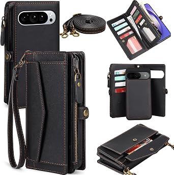 for Google Pixel 9 Pro XL Wallet Case for Women, Pixel 9 Pro XL 5G Case with RFID Blocking Card Holder, Leather Zipper Wallet Detachable Magnetic Phone Case with Crossbody Strap, Black