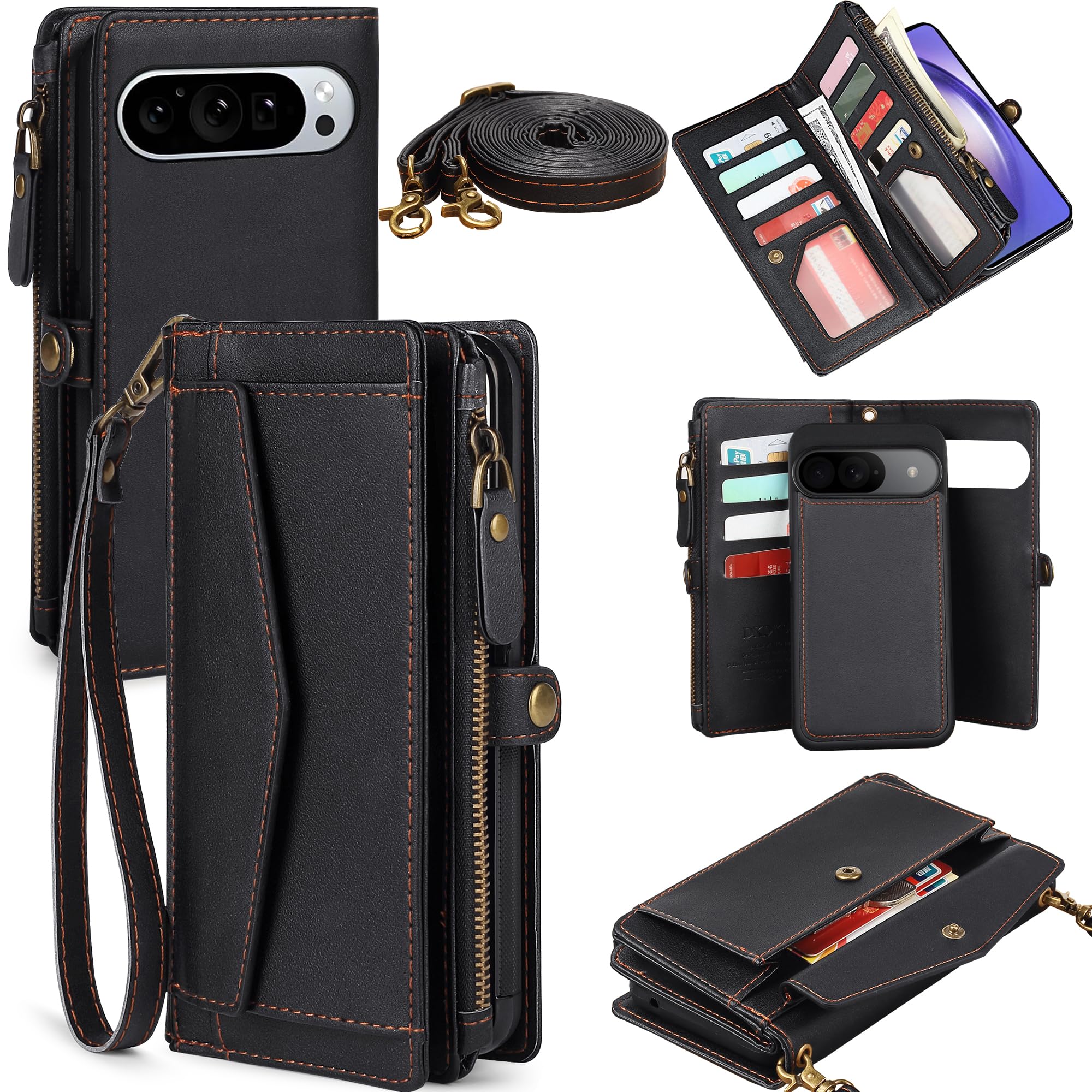 DKDKSIP for Google Pixel 9 Pro XL Wallet Case for Women, Pixel 9 Pro XL 5G Case with RFID Blocking Card Holder, Leather Zipper Wallet Detachable