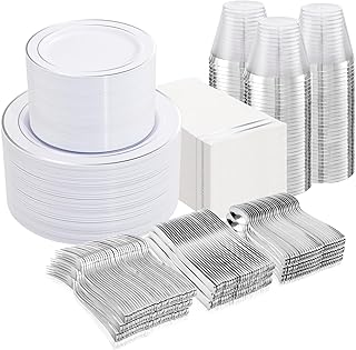 NOCCUR 700PCS Silver Plastic Plates Disposable for 100 Guests - Include 100 Dinner/Dessert White Plastic Plates with Silver Trim,300 Cutlery,100 Cups,100 Napkins for Party&Christmas
