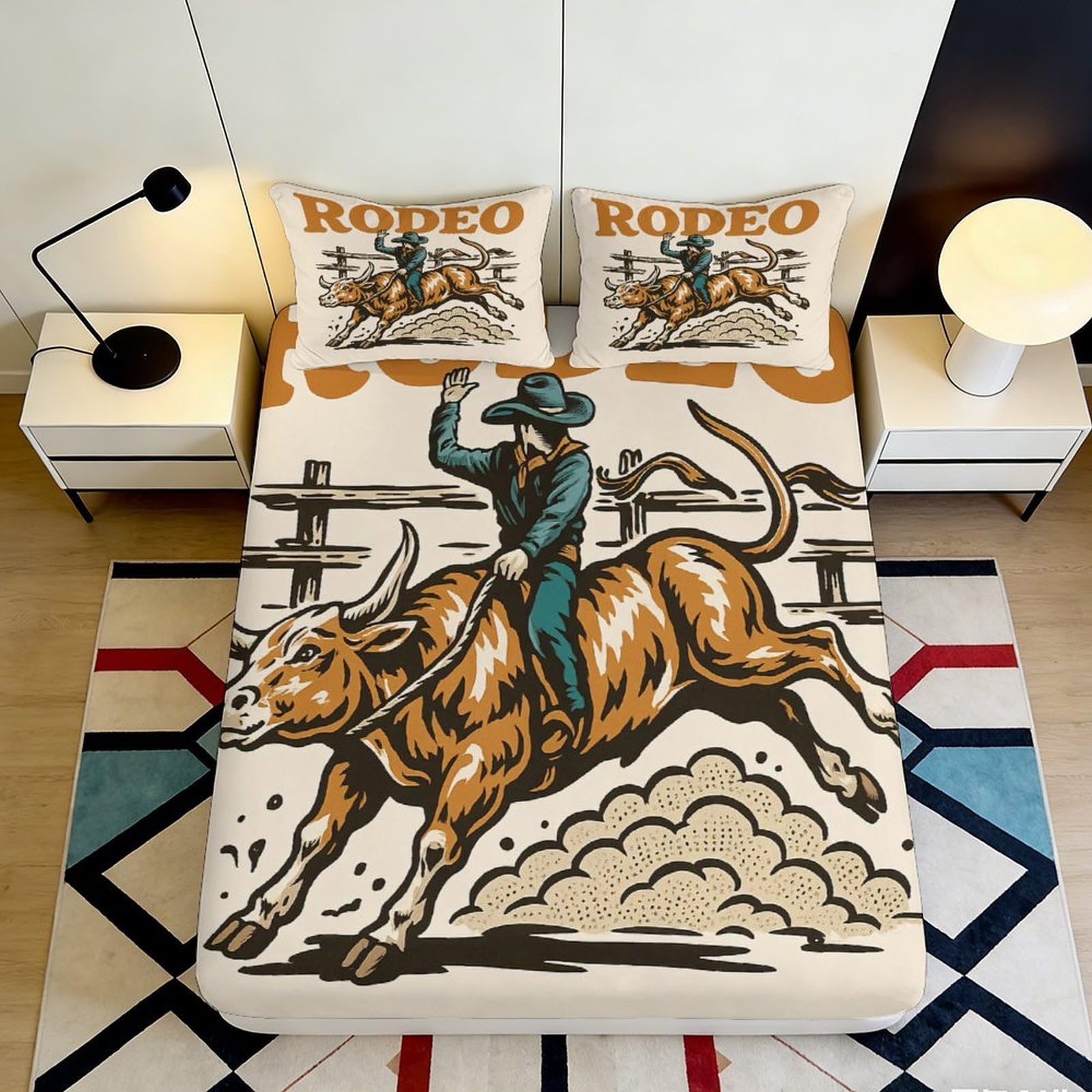 3D Printed Rodeo Cowboy Fitted Sheet Microfiber Soft Breathable Bull Riding Bed Cover for Bedroom Guest Room Decor 120x200x25cm