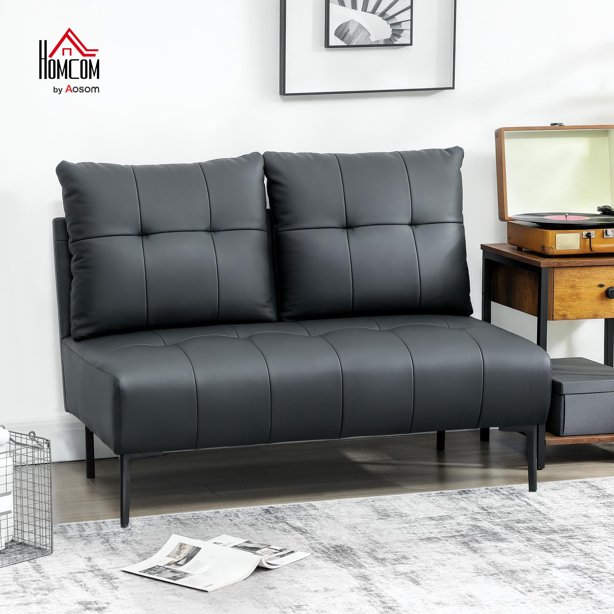 HOMCOM Divano 2 Posti Compatto in Finta Pelle, Divano Moderno Trapuntato a Bottoni con Imbottitura Spessa e Gambe in Legno, Divanetto Senza Braccioli per Salotto e Studio, 115x73x83 cm, Nero