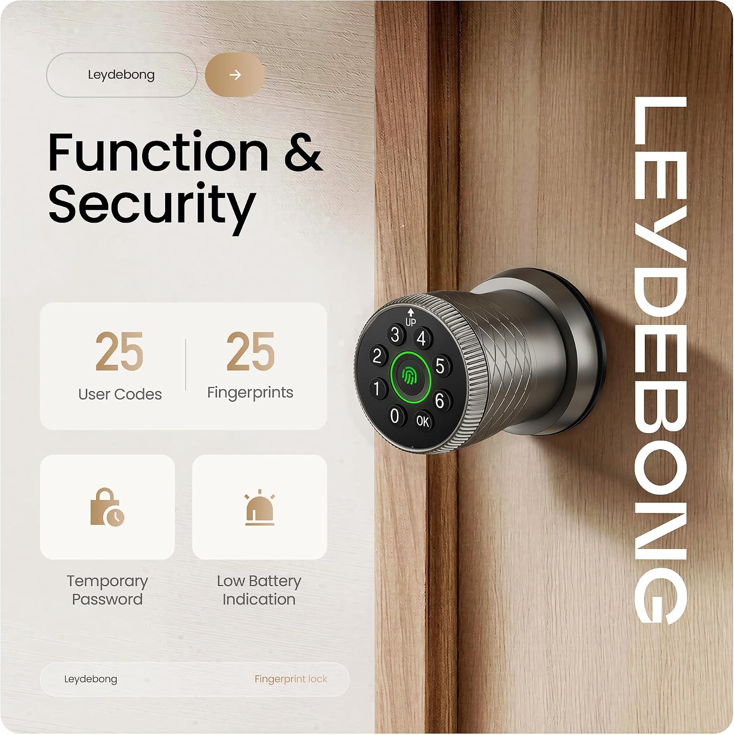 Leydebong Keyless Entry Fingerprint Door Knob, Smart Biometric Door Lock with Keypad Passcode Door Knob with Auto-Lock for Front Door, Bedroom, Gate & Office