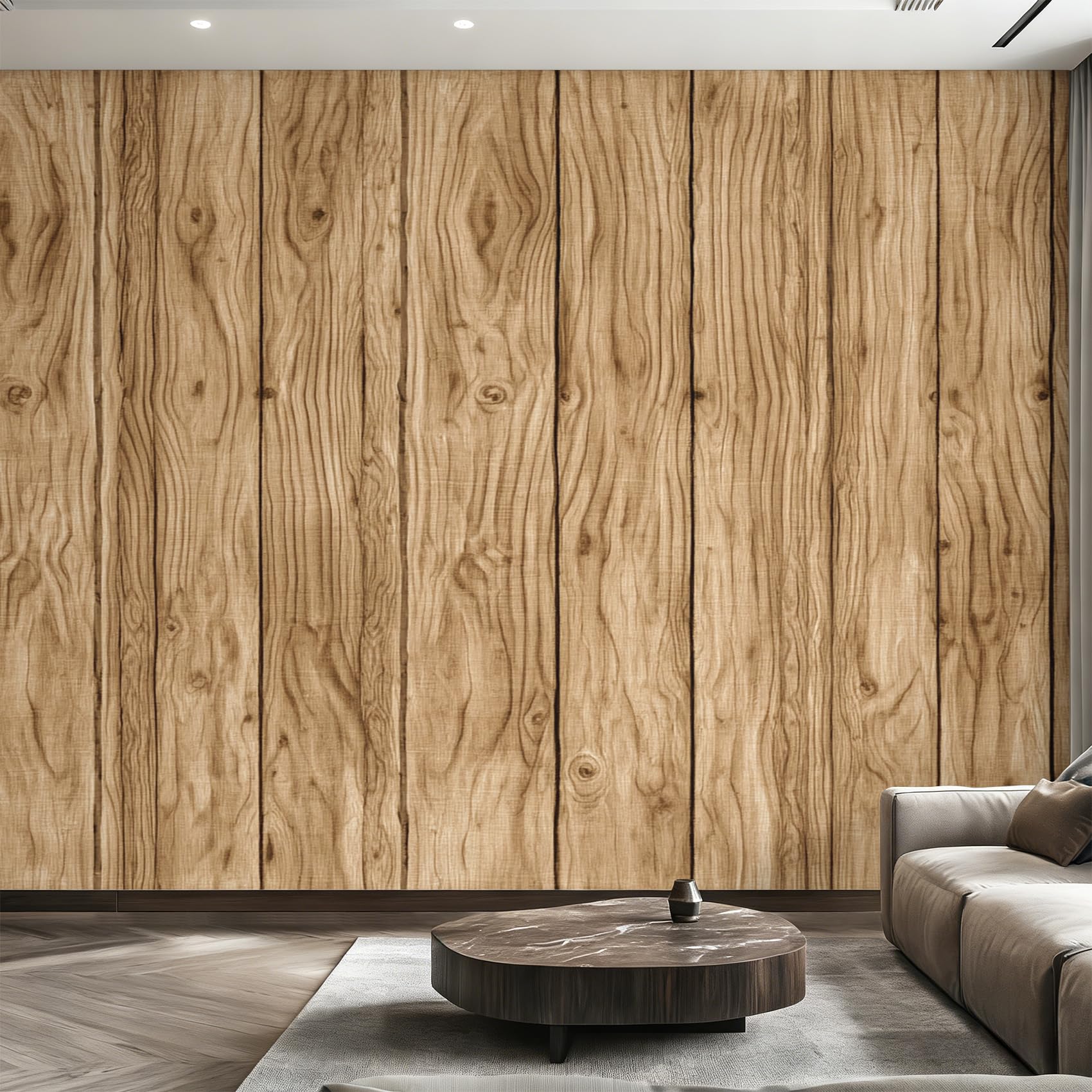 Papier peint intissé planche de bois brun pour cacher un mur abime et relooker un couloir