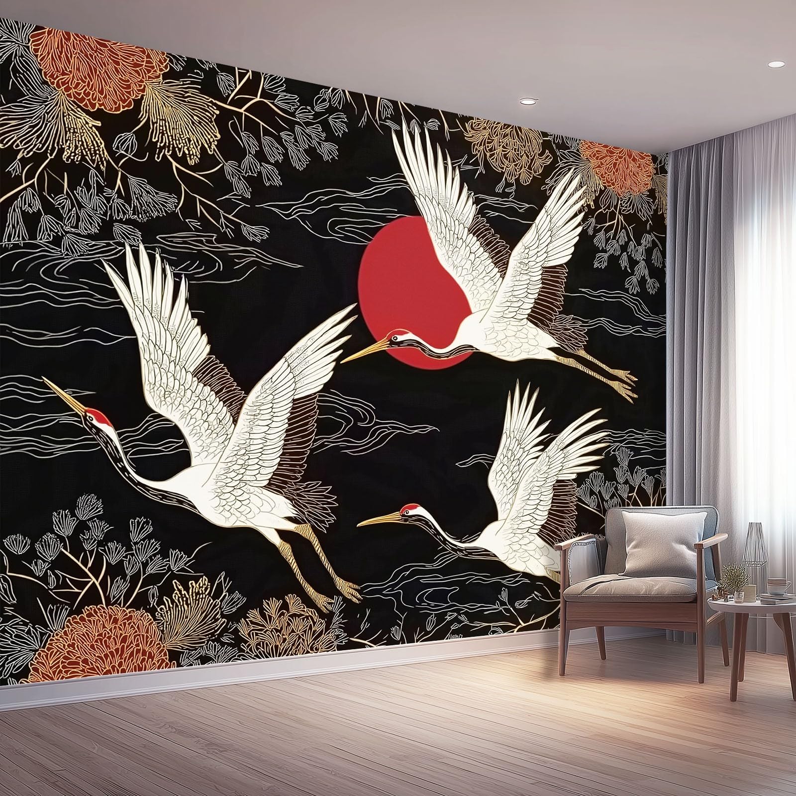 Tapeta z włókniny, 350 x 256 cm, japoński styl latający ptak, dekoracja ścienna do dużego pokoju młodzieżowego, srebrno-złoty