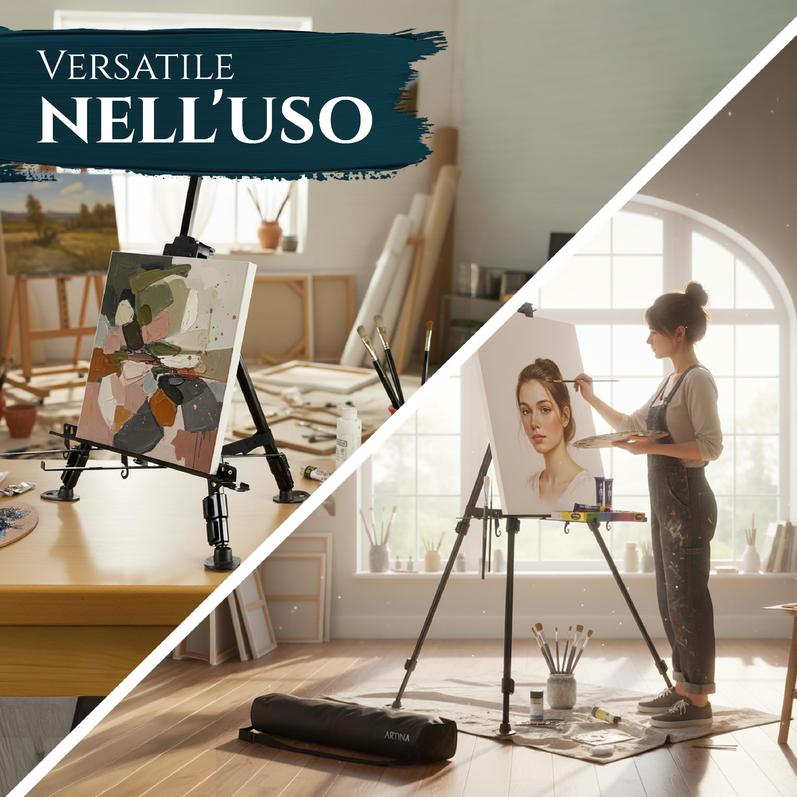 Artina Cavalletto Pittura da studio in alluminio Paris 165cm - Cavalletto da tavolo e da campo per dipingere - Per tele di diverse grandezze - Cavalletto per pittura portatile e stabile