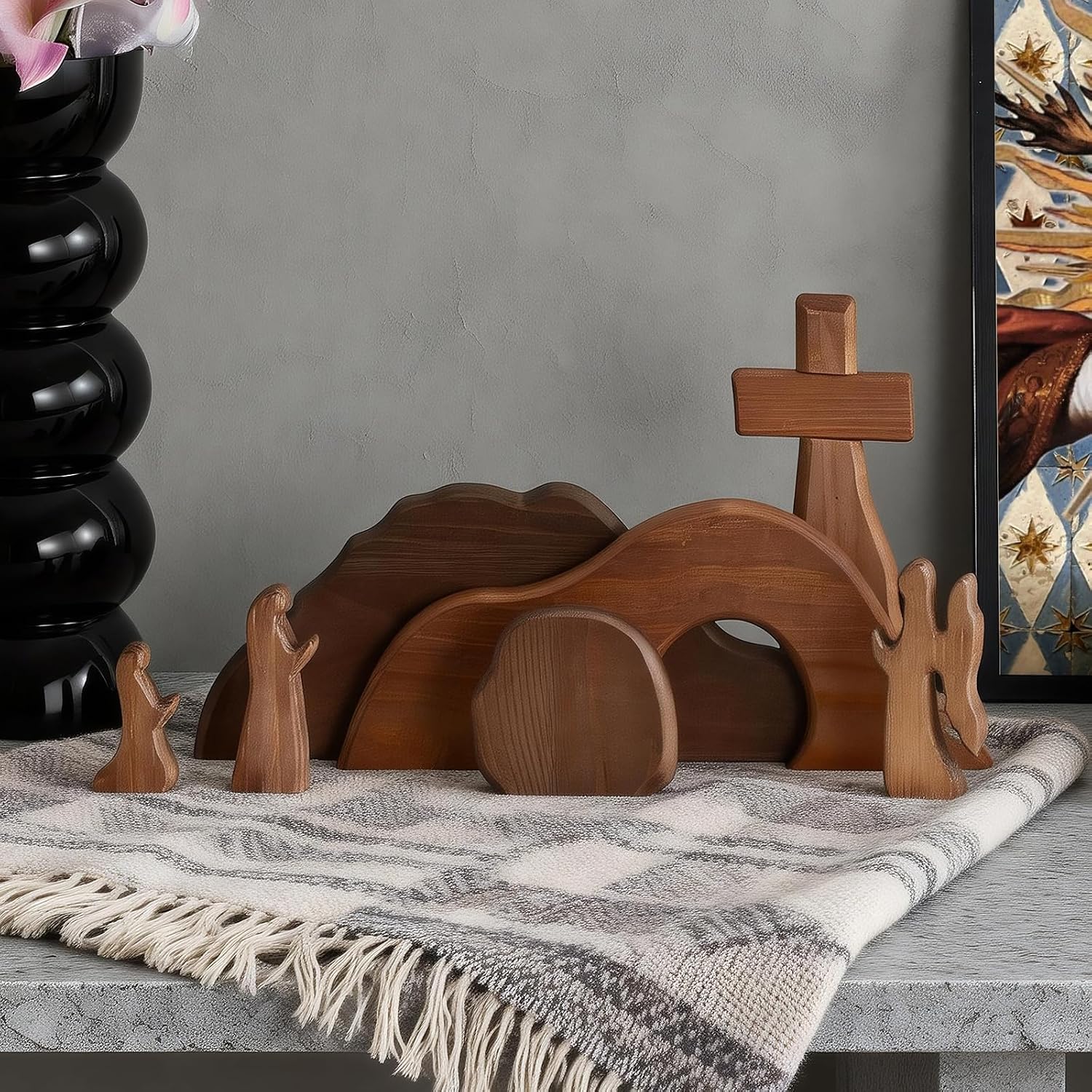 The Empty Tomb Easter Scene Set - 7-Piece, Christian Cross Decorations, Decorations Religious Jesus Tomb Easter Kit Display for The Home, Tabletop, Office - Wooden (Warm-Brown)