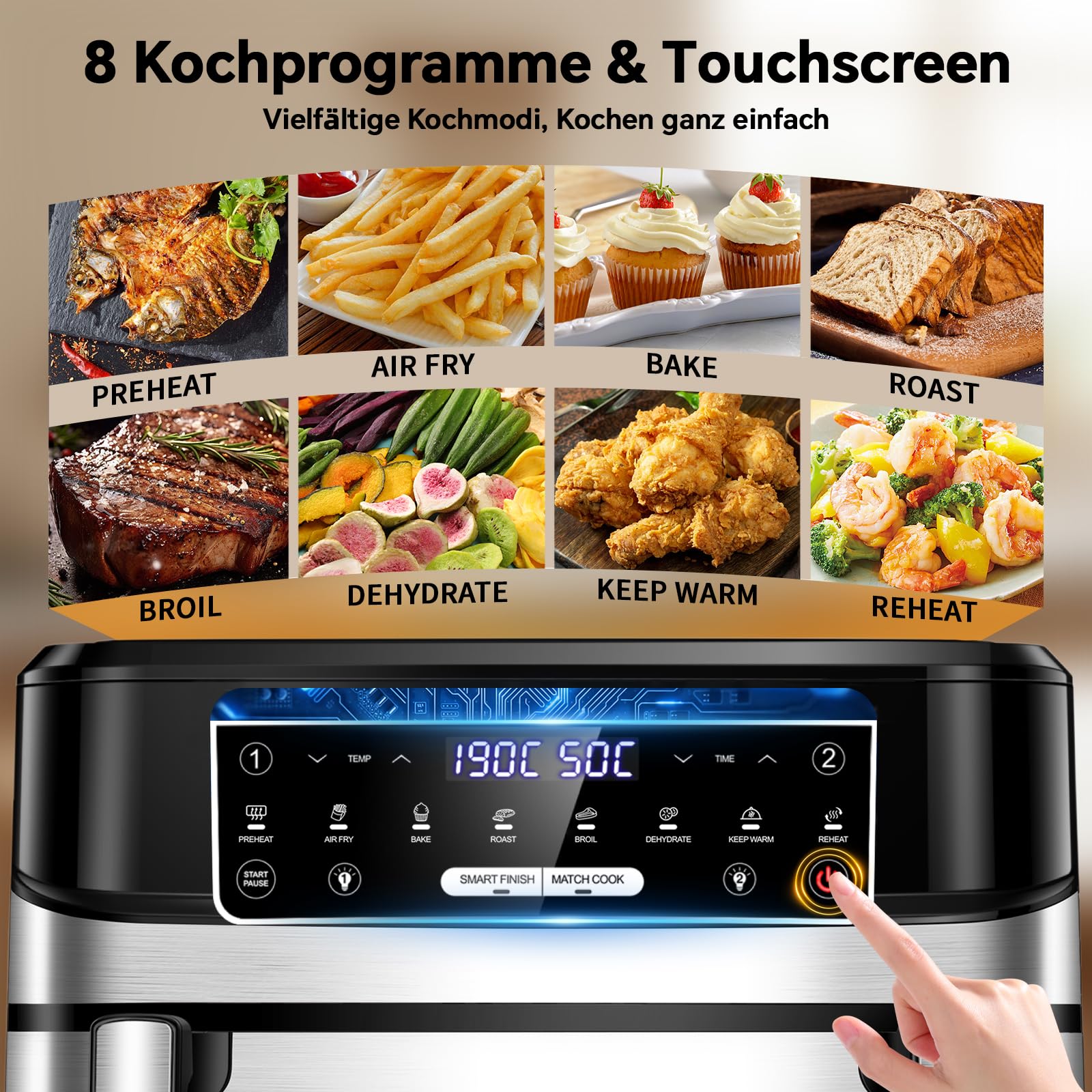 Heißluftfritteuse 12L | Air Fryer XXL Variabel für Einzel und Zweikammer, 2600W Doppel-Heizelement Separate Temper mit Sichtfenster und Innenlicht, Airfryer Doppelkammer 8-in-1 Touch-Steuerung Rezept