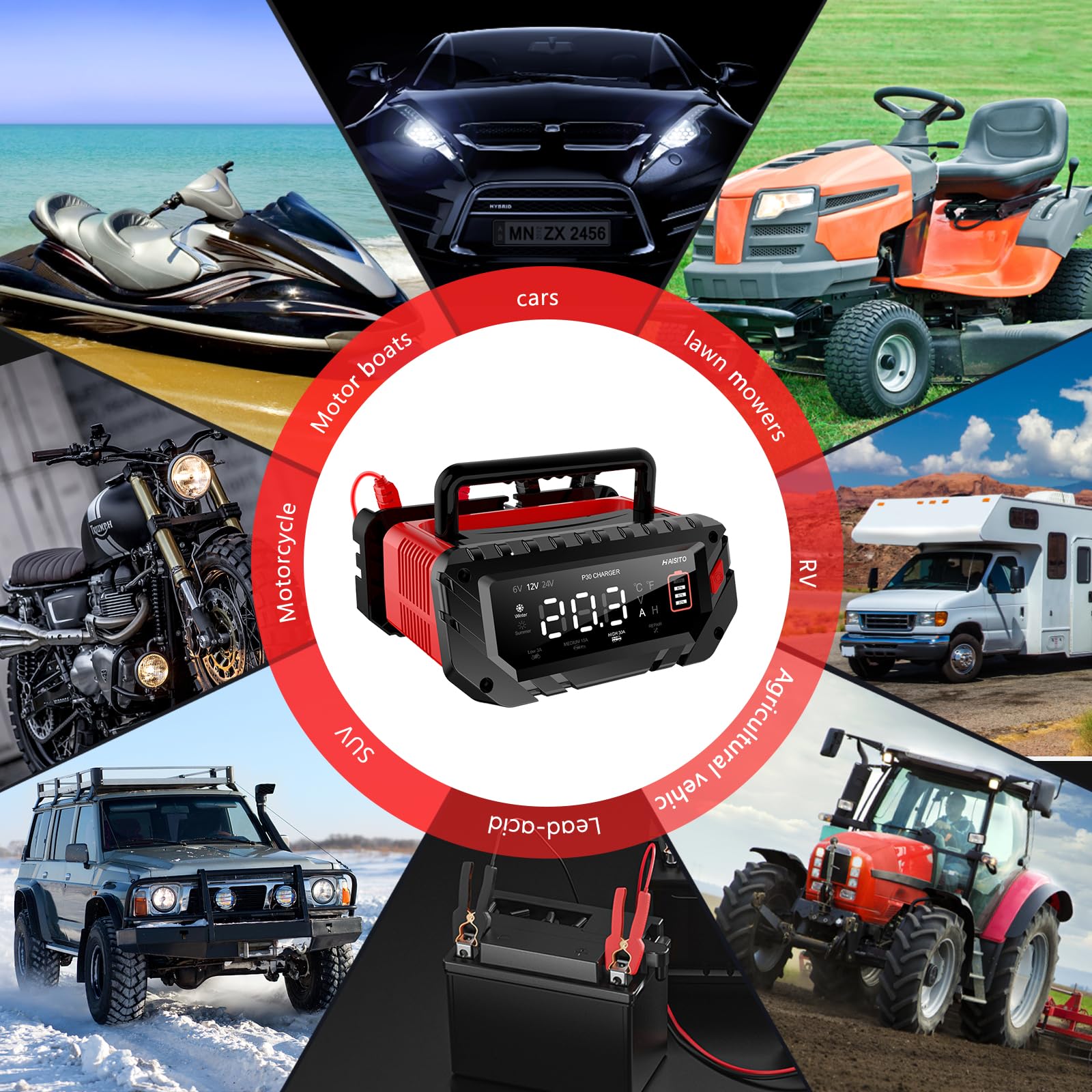 Cargador de batería de coche P30 de 6 V/12 V/24 V, carga rápida inteligente para baterías de iones de litio LiFePO4 de plomo-ácido (AGM, gel, EFB, etc. ), adecuado para vehículos, barcos, maquinaria