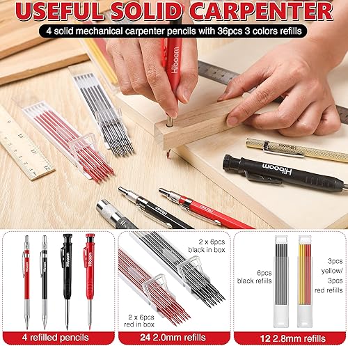 Miniatura 4 de Hiboom Juego de 10 lápices mecánicos de carpintero con sacapuntas y 36 recambios de 0.110 in, rotulador de agujero profundo, punzón central